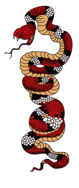 红蛇病媒 羊毛虫三角虫 刺刺和手绘蛇纹身 白背景的红蛇爬行动物 — 图库矢量图片