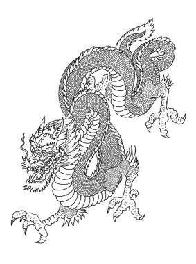 Japon kırmızı ejderha dövmesi. Çin Yeni Yılı için kırmızı zemin üzerinde ejderha. Altın Çin Ejderhası vektörü. Altın çizgili King Dragon dövmesi. T-shirt için çizgi film vektörü..