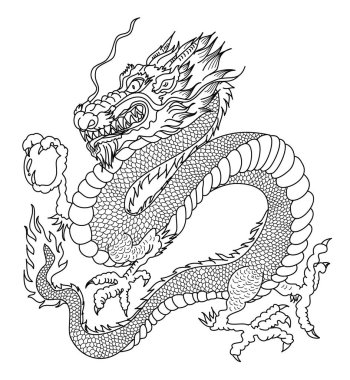 Japon kırmızı ejderha dövmesi. Çin Yeni Yılı için kırmızı zemin üzerinde ejderha. Altın Çin Ejderhası vektörü. Altın çizgili King Dragon dövmesi. T-shirt için çizgi film vektörü..