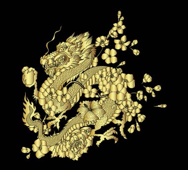 Elle çizilmiş ejderha dövmesi, boyama kitabı Japon stili. Dövme için eski Japon ejderhası. Tişört için arka planda Çin ejderhası çiziminin sembolü. Geleneksel Asya dövmesi Eski ejderha vektörü.