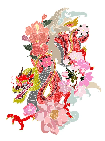Ręcznie Rysowane Dragon Tatuaż Kolorowanki Japoński Styl Książki Japoński Stary — Wektor stockowy