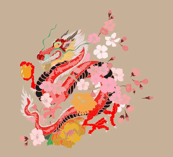 手绘龙纹身 日本风格的彩色书籍 日本龙纹身 T恤背景上的中国龙符号 传统的亚洲纹身古老的龙病媒 — 图库矢量图片