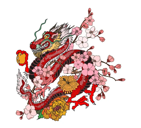 Handgezeichnetes Drachen Tattoo Malbuch Japanischer Stil Japanischer Alter Drache Für — Stockvektor