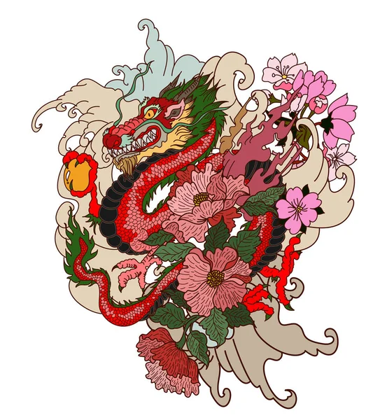 Handgetekende Dragon Tattoo Kleurboek Japanse Stijl Japanse Oude Draak Voor — Stockvector