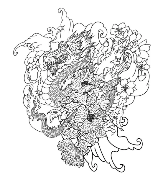 Hand Drawn Dragon Tattoo Coloring Book Japanese Style Japanese Old — Stock Vector
