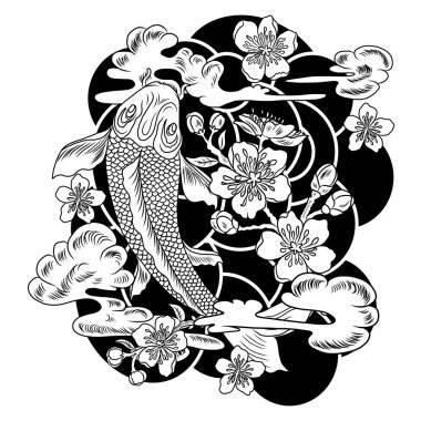 Japon koi balığı dövmesi çiziminin vektör çizimi. Japon geçmişi. Koi balığı dövmesi. El çizimi koi balığı ve Çin karalama sanatı. Şakayık, kiraz çiçeği ve nilüfer çiçeği taşıyıcısı.
