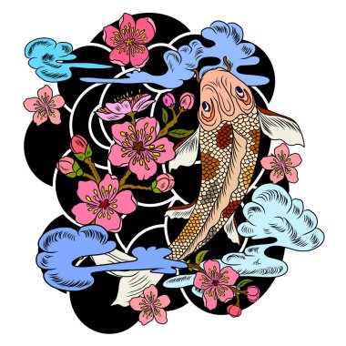 Japon koi balığı dövmesi çiziminin vektör çizimi. Japon geçmişi. Koi balığı dövmesi. El çizimi koi balığı ve Çin karalama sanatı. Şakayık, kiraz çiçeği ve nilüfer çiçeği taşıyıcısı.