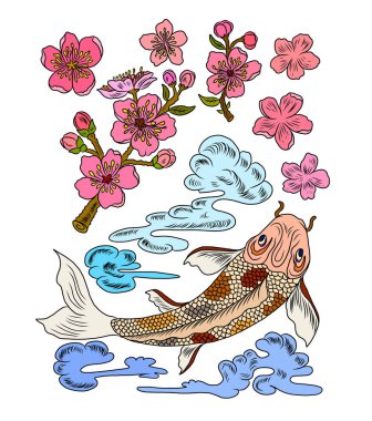 Japon koi balığı dövmesi çiziminin vektör çizimi. Japon geçmişi. Koi balığı dövmesi. El çizimi koi balığı ve Çin karalama sanatı. Şakayık, kiraz çiçeği ve nilüfer çiçeği taşıyıcısı.