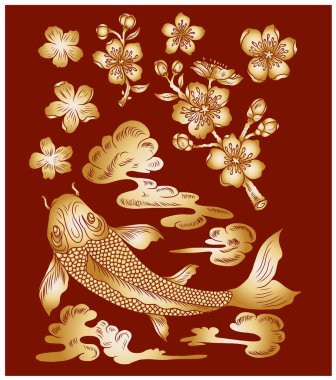 Japon koi balığı dövmesi çiziminin vektör çizimi. Japon geçmişi. Koi balığı dövmesi. El çizimi koi balığı ve Çin karalama sanatı. Şakayık, kiraz çiçeği ve nilüfer çiçeği taşıyıcısı.