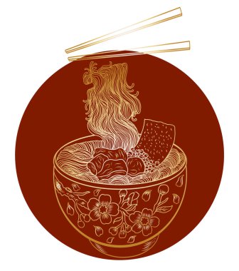 Geleneksel Japon eriştesi ve duvar kağıdı üzerine restoran baskısı için el sallama. Karalama sanatları için Ramen vektör çizimi. Arka planda resim yapmak için çubuk vektörü ile gün doğumu. Asya yemeklerinin elementleri..