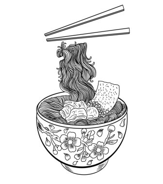 Geleneksel Japon eriştesi ve duvar kağıdı üzerine restoran baskısı için el sallama. Karalama sanatları için Ramen vektör çizimi. Arka planda resim yapmak için çubuk vektörü ile gün doğumu. Asya yemeklerinin elementleri..