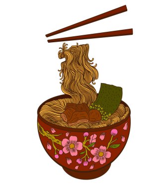 Geleneksel Japon eriştesi ve duvar kağıdı üzerine restoran baskısı için el sallama. Karalama sanatları için Ramen vektör çizimi. Arka planda resim yapmak için çubuk vektörü ile gün doğumu. Asya yemeklerinin elementleri..