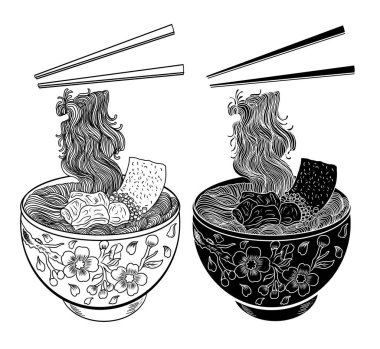 Geleneksel Japon eriştesi ve duvar kağıdı üzerine restoran baskısı için el sallama. Karalama sanatları için Ramen vektör çizimi. Arka planda resim yapmak için çubuk vektörü ile gün doğumu. Asya yemeklerinin elementleri..