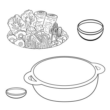 Japanese hot pot feast, A colorful mix of fresh vegetables and beef.Traditional asian comfort food in a warm yellow pot. Perfect for family meals and cozy winter dinners.Elements for menu book.