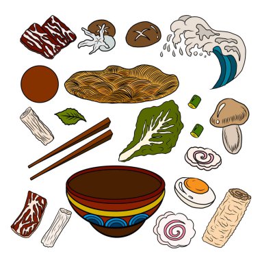 Geleneksel Japon eriştesi ve duvar kağıdı üzerine restoran baskısı için el sallama. Karalama sanatları için Ramen vektör çizimi. Arka planda resim yapmak için çubuk vektörü ile gün doğumu. Asya yemeklerinin elementleri..