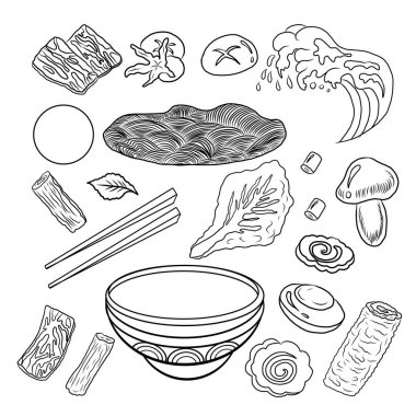 Geleneksel Japon eriştesi ve duvar kağıdı üzerine restoran baskısı için el sallama. Karalama sanatları için Ramen vektör çizimi. Arka planda resim yapmak için çubuk vektörü ile gün doğumu. Asya yemeklerinin elementleri..