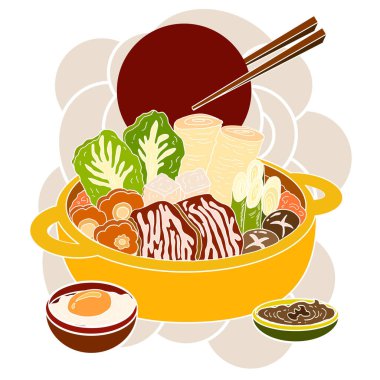 Japanese hot pot feast, A colorful mix of fresh vegetables and beef.Traditional asian comfort food in a warm yellow pot. Perfect for family meals and cozy winter dinners.Elements for menu book.