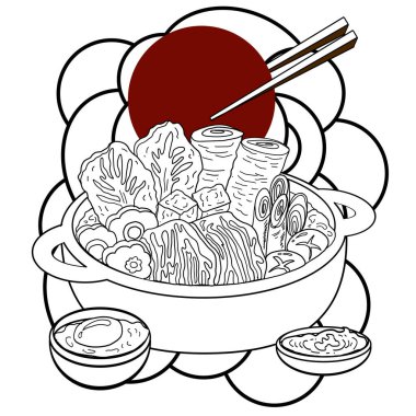 Japanese hot pot feast, A colorful mix of fresh vegetables and beef.Traditional asian comfort food in a warm yellow pot. Perfect for family meals and cozy winter dinners.Elements for menu book.