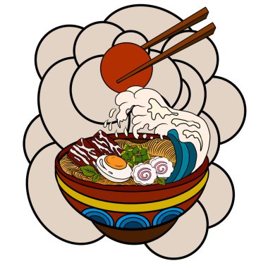 Geleneksel Japon eriştesi ve duvar kağıdı üzerine restoran baskısı için el sallama. Karalama sanatları için Ramen vektör çizimi. Arka planda resim yapmak için çubuk vektörü ile gün doğumu. Asya yemeklerinin elementleri..