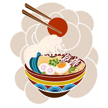 Geleneksel Japon eriştesi ve duvar kağıdı üzerine restoran baskısı için el sallama. Karalama sanatları için Ramen vektör çizimi. Arka planda resim yapmak için çubuk vektörü ile gün doğumu. Asya yemeklerinin elementleri..