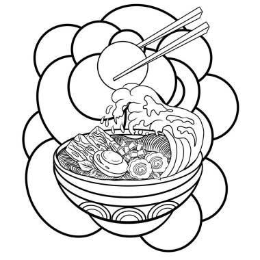 Geleneksel Japon eriştesi ve duvar kağıdı üzerine restoran baskısı için el sallama. Karalama sanatları için Ramen vektör çizimi. Arka planda resim yapmak için çubuk vektörü ile gün doğumu. Asya yemeklerinin elementleri..