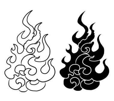 Beyaz arkaplan üzerine resim ve baskı için Çin bulut vektörü. Dövme tasarımı ve fikir için geleneksel Japon kültür unsuru. Tişört için ateş vektörü. Dövme için geleneksel Japon ateşi..