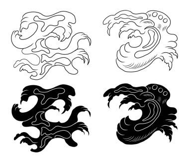 Beyaz arkaplan üzerine resim ve baskı için Çin bulut vektörü. Dövme tasarımı ve fikir için geleneksel Japon kültür unsuru. Bulut ve dalga illüstrasyonu.Ateş vektörü.