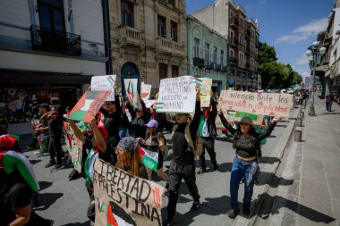 Puebla, Meksika, 7 Ekim 2025: Puebla 'daki bir grup öğrenci, ellerinde işaretler ve Filistin bayraklarıyla yürüyorlar, özgürlük talep ediyorlar ve çatışmada sessizliği kınıyorlar.