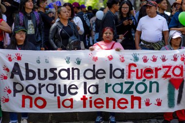 Puebla, Meksika, 7 Ekim 2025: Yetişkinler kırmızı el izli büyük bir protesto pankartı taşıyorlar, gücün kötüye kullanılmasını ve gerekçe ve gerekçe yetersizliğini kınıyorlar.