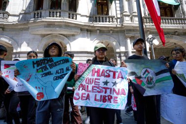 Puebla, Meksika, 7 Ekim 2025: Büyük bir Filistin yanlısı tabela taşıyan bir grup genç kadın, bir hükümet veya tarihi bina önünde protesto ediyor..
