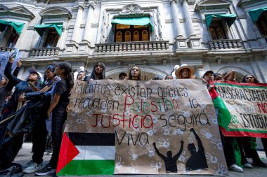 Puebla, Meksika, 7 Ekim 2025: Büyük bir Filistin yanlısı tabela taşıyan bir grup genç kadın, bir hükümet veya tarihi bina önünde protesto ediyor..