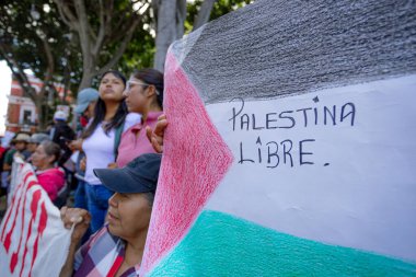 Puebla, Meksika, 7 Ekim 2025: Meksika 'daki bir protesto sırasında ciddi göstericiler tarafından tutulan el yapımı bir pankartın yakın çekimi.