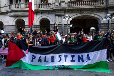 Puebla, Meksika, 7 Ekim 2025: Büyük bir Filistin yanlısı tabela taşıyan bir grup genç kadın, bir hükümet veya tarihi bina önünde protesto ediyor..