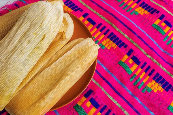 Beyaz arka planda geleneksel Meksika gastronomisi ve kültürel kutlamaları temsil eden renkli bir zanaatkar peçetesine birkaç tane tamale yerleştirildi..