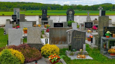 Çiçeklerle süslenmiş küçük Çek kırsal mezarlığındaki mezarların detaylı görüntüsü. Manzara güzel ve hava bulutlu..