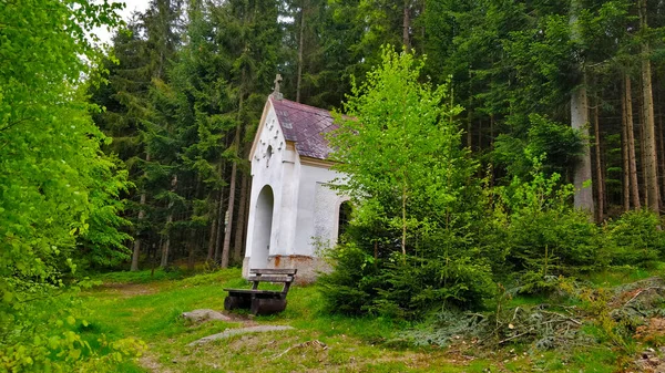 Cappella Cristiana Bianca Piedi Vicino Alla Foresta Con Panchina Viaggiatori — Foto Stock