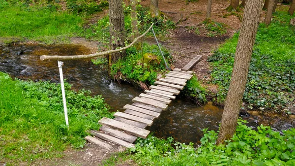 Mały Drewniany Most Rzece Lesie Jest Stworzony Tylko Dla Jednej — Zdjęcie stockowe