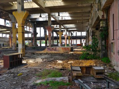 İçinde hala çöp olan terk edilmiş eski bir fabrikanın dağınık iç mekanı. Bazı yerler şimdiden bitki örtüsüyle kaplanmış..
