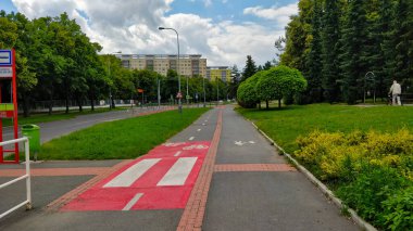 Prag, Çek Cumhuriyeti - 3 Temmuz 2021: Kaldırımla bisiklet yolunun birleşimi ile parkın sağından ve solundan geçen zebra geçidi. Yaz havası güzel..