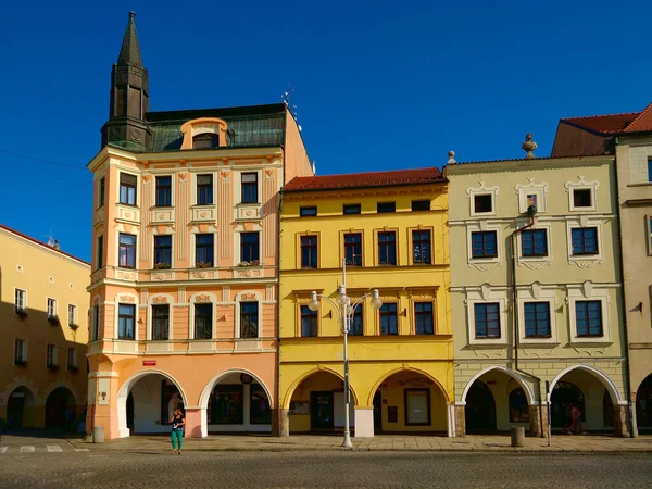 Ceske Budejovice Czech Republic September 2021 Three Recontructed Medieval Houses — Stock Photo, Image