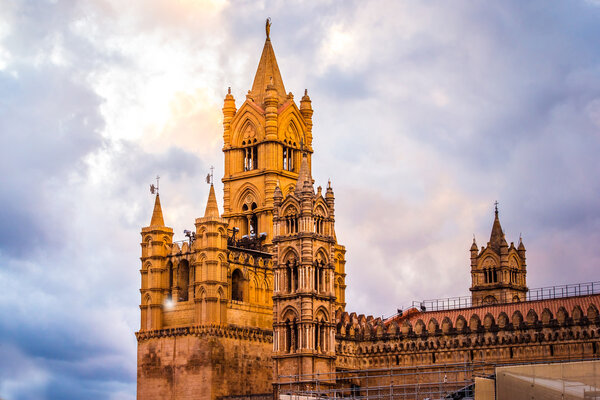 Cathedral or Duomo at dusk in Palermo, Sicily island, Italy