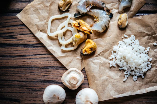 Frutos do mar risoto ingredientes — Fotografia de Stock