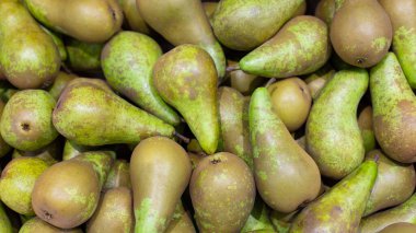 Konferans armut meyve arka planı, bir demet armut armut meyve çeşitleri konferans üst görünüm