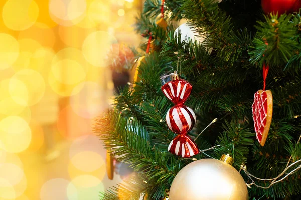 Karácsonyi Dekoráció Cukorka Édességek Másolja Tér Háttér Ünnepi Karácsonyfa Csillogás — Stock Fotó