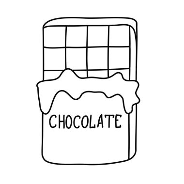 Çikolata yarım folyoya sarılı, dikdörtgen şekilli çikolata harfli, el çizimi karalama vektör çizimi