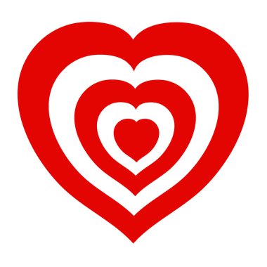 Kırmızı ve beyaz kalpler birbiri içine yerleşmiş, çizgili dekorasyon sembolü Sevgililer Günü, el çizimi düz vektör çizimi