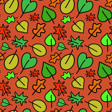 Turuncu arka planda sonbahar yaprakları, dikişsiz desen, yeşil turuncu yaprak. Kağıt, kapak, ağ, yazdırma için basit düz biçim vektör çizimi tasarımı