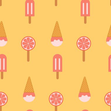 Dondurma izi yok. Bir top vanilyalı dondurma, şerbetli ve portakallı buzlu şerbet. Kumaş, tekstil baskısı, ambalaj kağıdı, kapak, web sitesi arka planı, vektör illüstrasyonu için tasarım