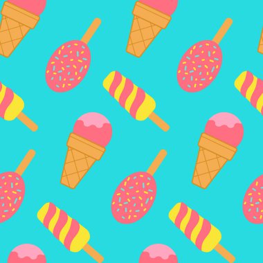 Kusursuz desenli dondurma, meyve çubuğu ve gözleme kabında top. Kumaş, ambalaj kağıdı, kapak, ağ, baskı, duvar kağıdı, tekstil