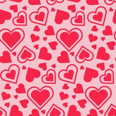Kalpte sorun yok. Kumaş, tekstil baskısı, ambalaj kağıdı, kapak, ağ, baskı, tekstil tasarımı, web sitesi arka planı. Tekrarlanan şablon, kırmızı kalp şeklinde aşk romantizmi. Vektör illüstrasyonu